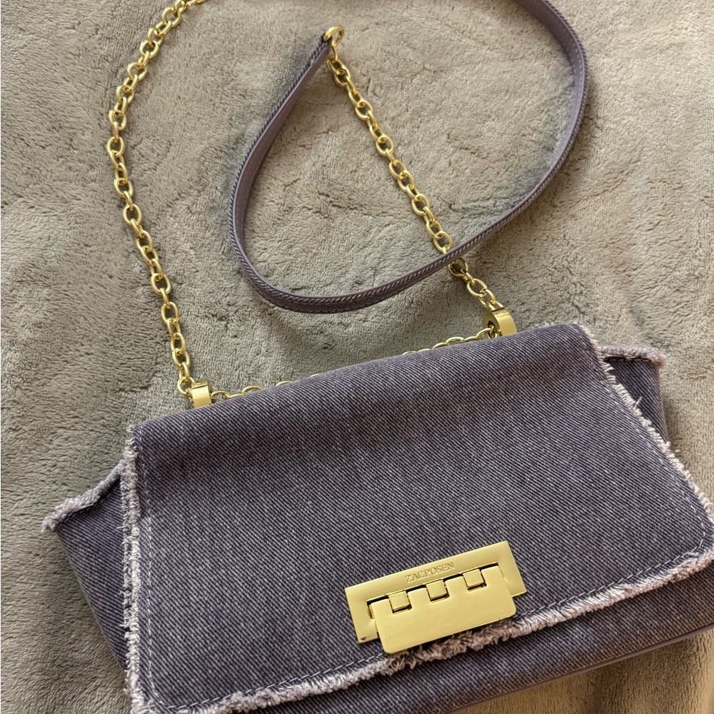 Zac Posen Purple Denim Crossbody Bag with Gold Chain